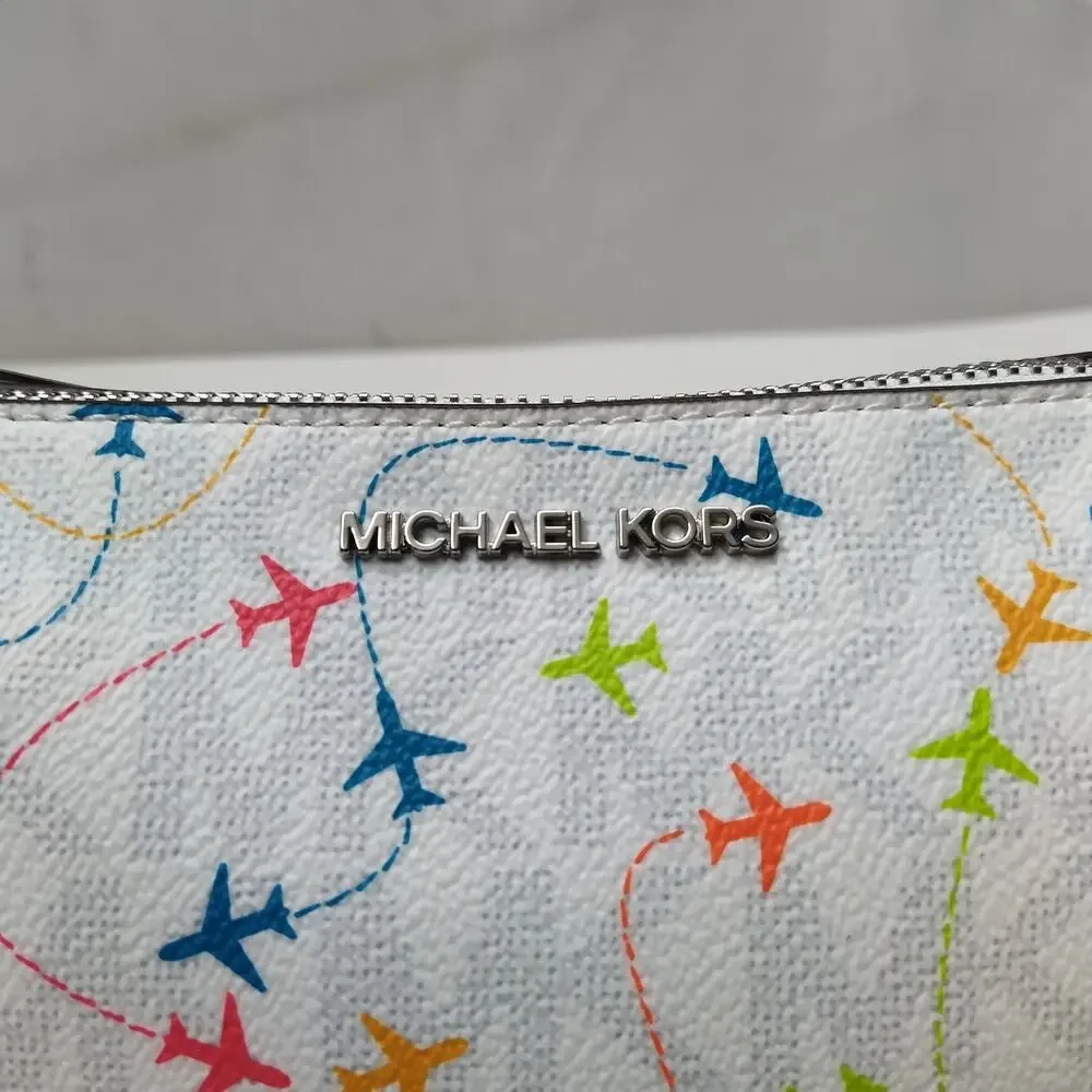 Michael Kors Jet Set White Leather Airplanes Printed Zipper Hobo Bag - NWT